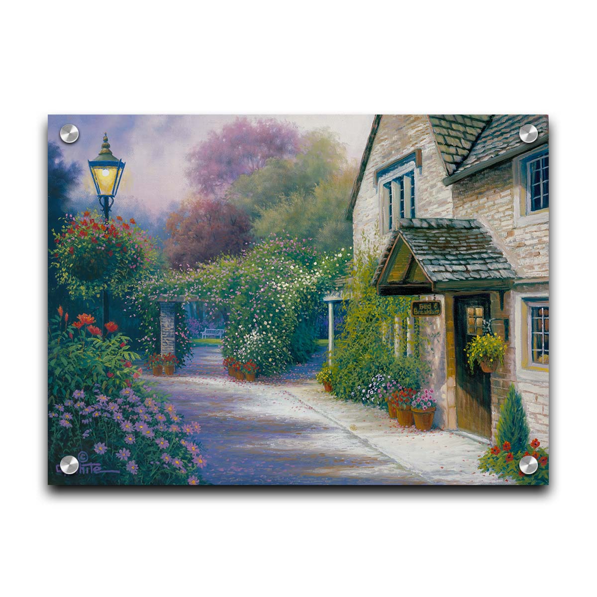 A painting of a bed and breakfast storefront, with a streetlamp-lined path leading to the garden full of blooming flowers. Printed on acrylic.