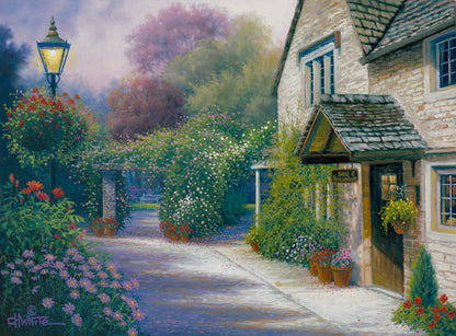 A painting of a bed and breakfast storefront, with a streetlamp-lined path leading to the garden full of blooming flowers.