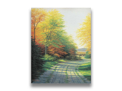 A painting looking down a country road, lined with both deciduous and coniferous trees. Several of the trees' leaves have turned orange and yellow due to the fall season. Printed on canvas.