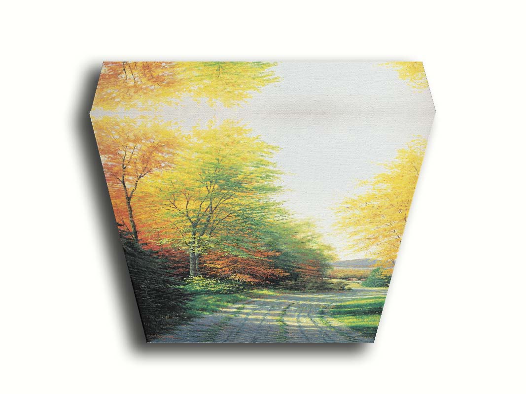 A painting looking down a country road, lined with both deciduous and coniferous trees. Several of the trees' leaves have turned orange and yellow due to the fall season. Printed on canvas.