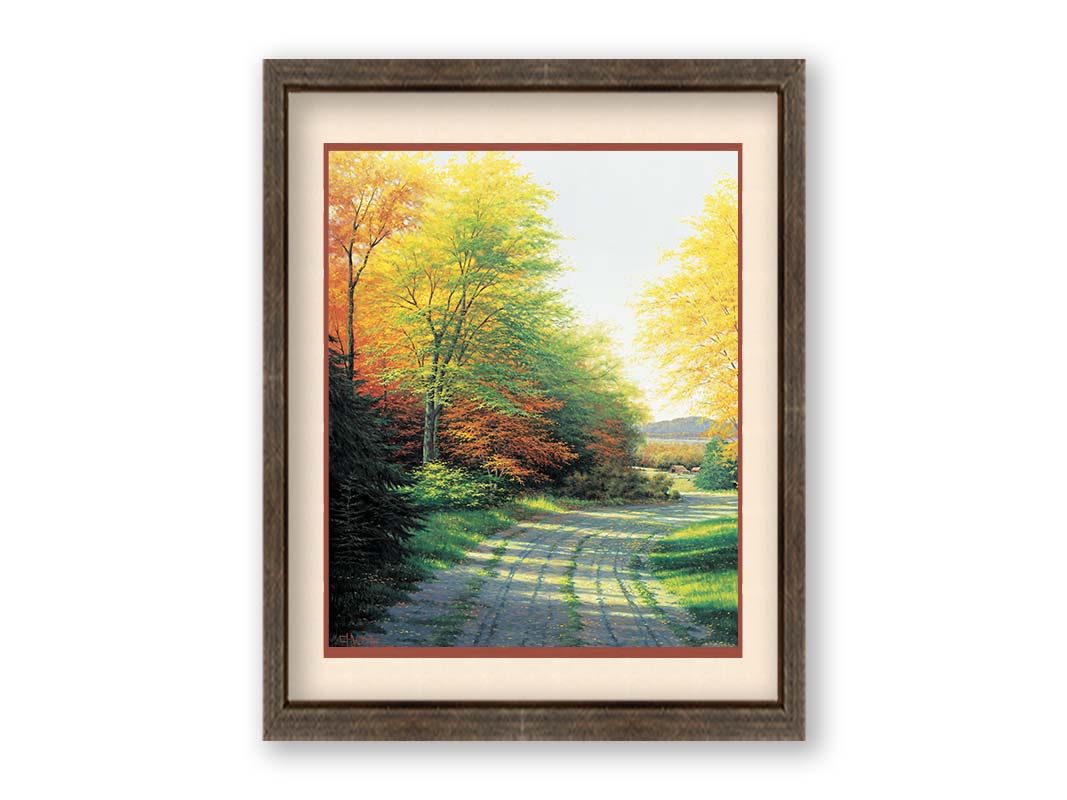 A painting looking down a country road, lined with both deciduous and coniferous trees. Several of the trees' leaves have turned orange and yellow due to the fall season. Printed on paper, matted, and framed.