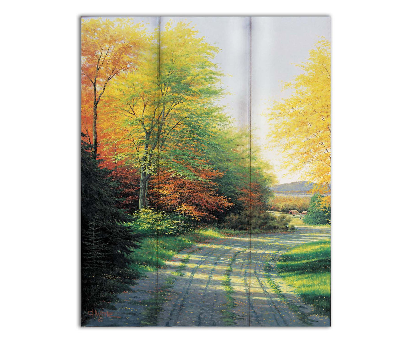 A painting looking down a country road, lined with both deciduous and coniferous trees. Several of the trees' leaves have turned orange and yellow due to the fall season. Printed on a box board.