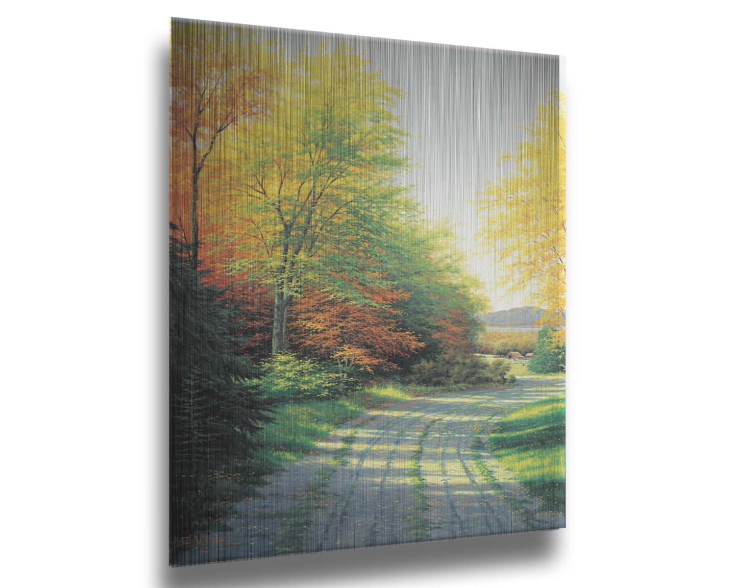 A painting looking down a country road, lined with both deciduous and coniferous trees. Several of the trees' leaves have turned orange and yellow due to the fall season. Printed on metal.