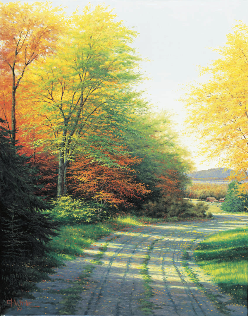 A painting looking down a country road, lined with both deciduous and coniferous trees. Several of the trees' leaves have turned orange and yellow due to fall.