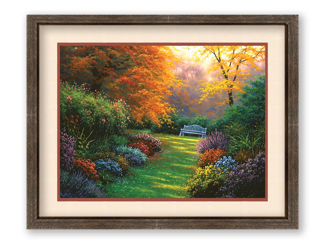 A painting of a garden path during fall. The trees surrounding the garden have turned orange and yellow. A grassy path through the garden is surrounded by bushes of flowers in every color, and a bench can be seen up ahead. Printed on paper, matted, and framed.