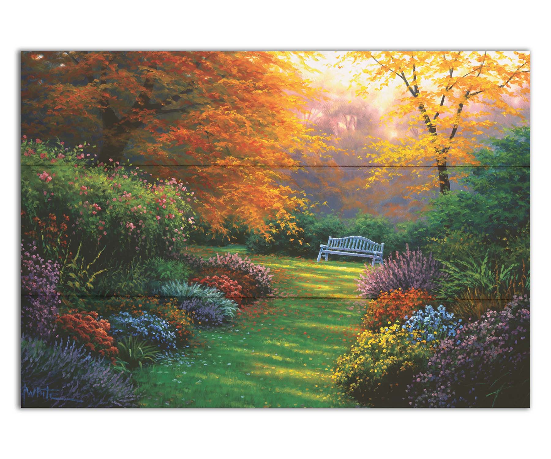 A painting of a garden path during fall. The trees surrounding the garden have turned orange and yellow. A grassy path through the garden is surrounded by bushes of flowers in every color, and a bench can be seen up ahead. Printed on a box board.