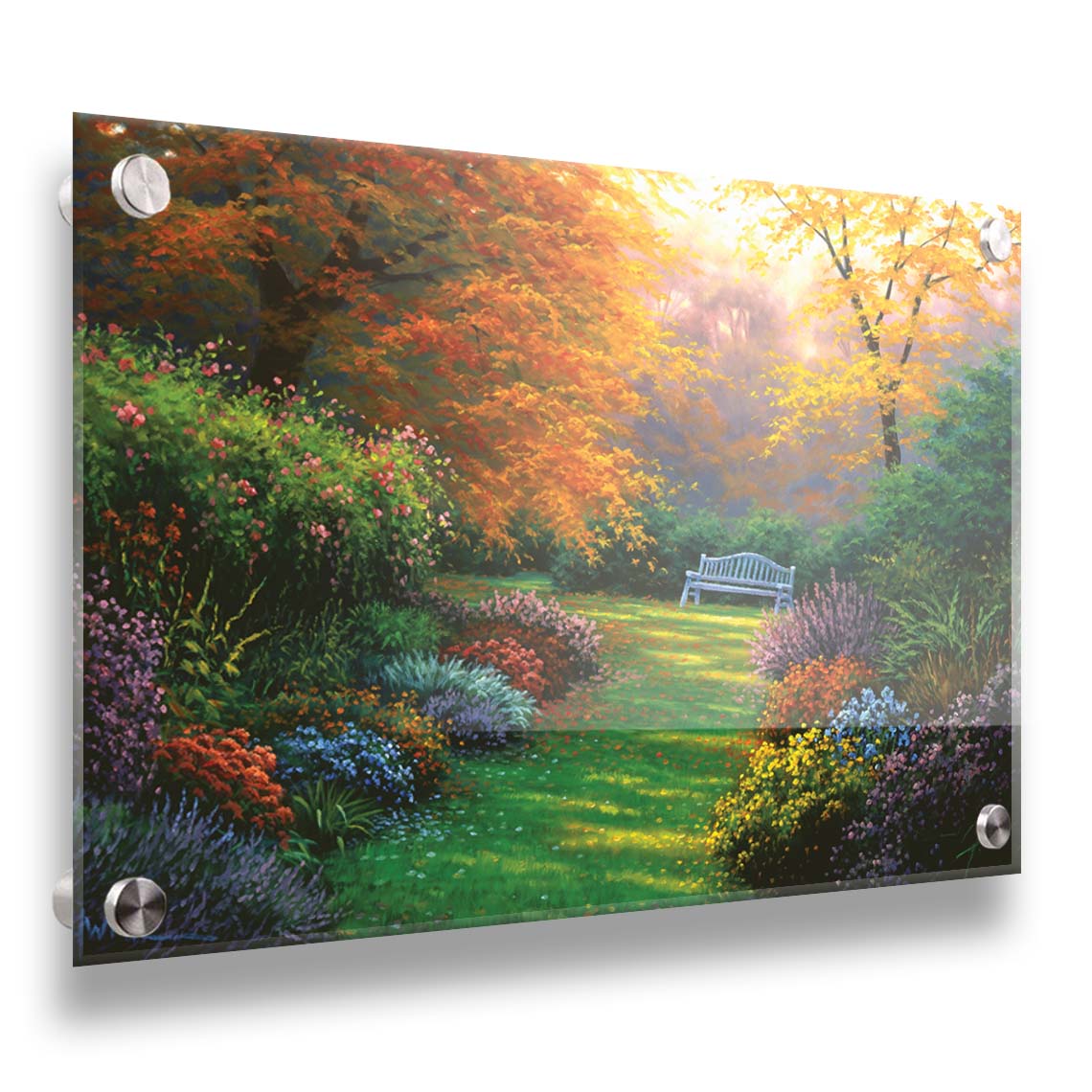 A painting of a garden path during fall. The trees surrounding the garden have turned orange and yellow. A grassy path through the garden is surrounded by bushes of flowers in every color, and a bench can be seen up ahead. Printed on acrylic.