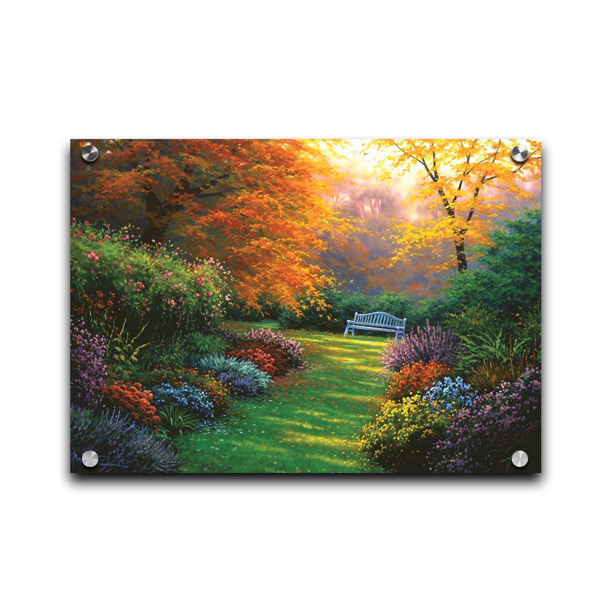 A painting of a garden path during fall. The trees surrounding the garden have turned orange and yellow. A grassy path through the garden is surrounded by bushes of flowers in every color, and a bench can be seen up ahead. Printed on acrylic.