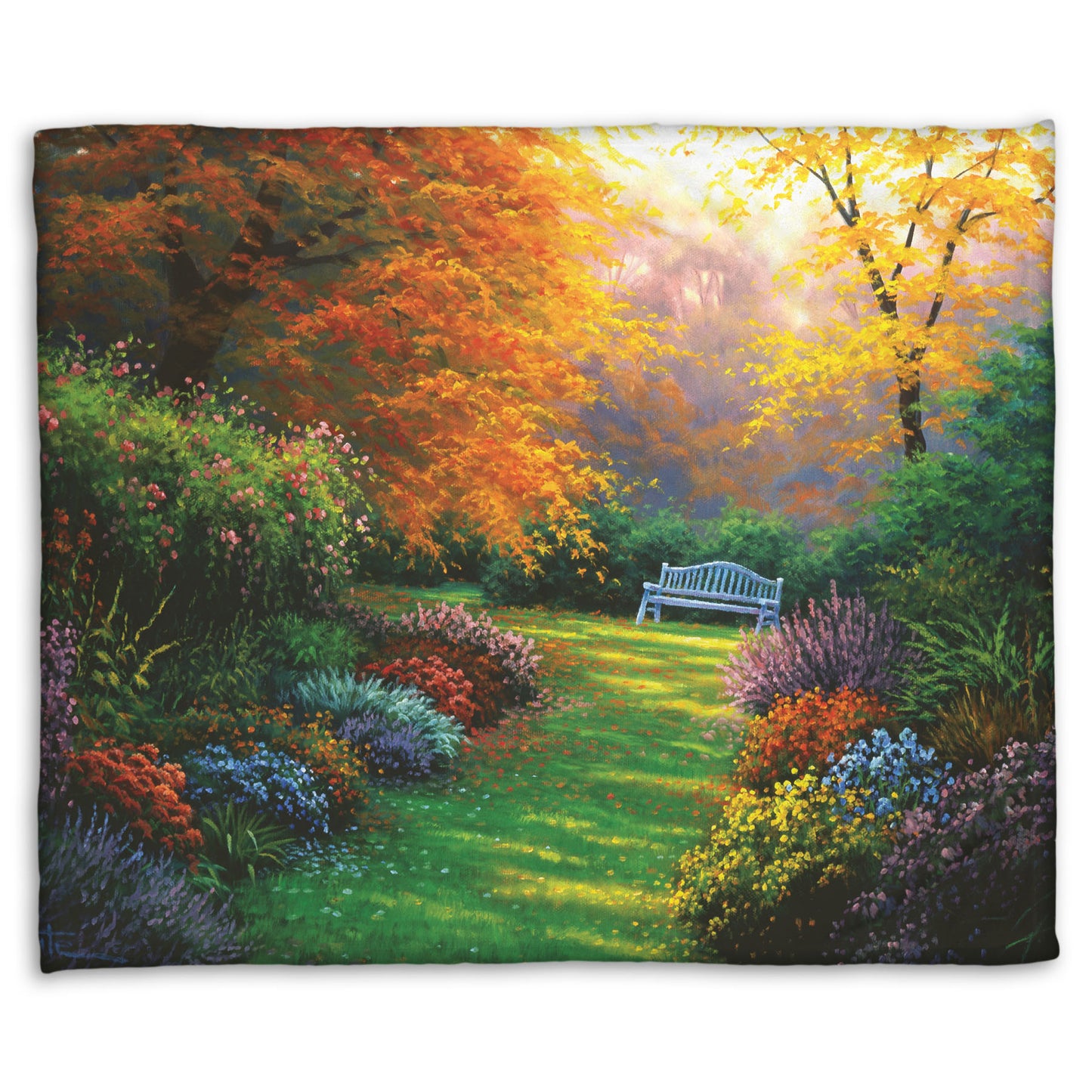 A fleece throw blanket designed with a painting of a garden path during fall. The trees surrounding the garden have turned orange and yellow. A grassy path through the garden is surrounded by bushes of flowers in every color, and a bench can be seen up ahead.