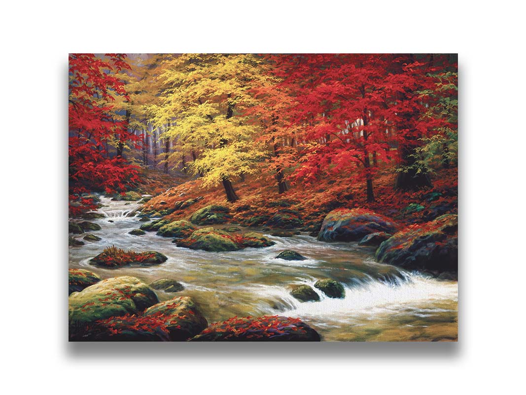 A painting of a river through an autumn forest, with red and yellow trees and an orange, leaf-coated ground. Printed on canvas.