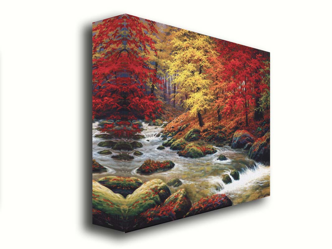 A painting of a river through an autumn forest, with red and yellow trees and an orange, leaf-coated ground. Printed on canvas.