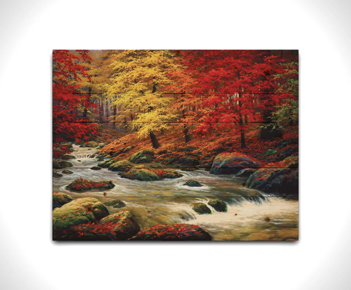 A painting of a river through an autumn forest, with red and yellow trees and an orange, leaf-coated ground. Printed on a wood pallet.