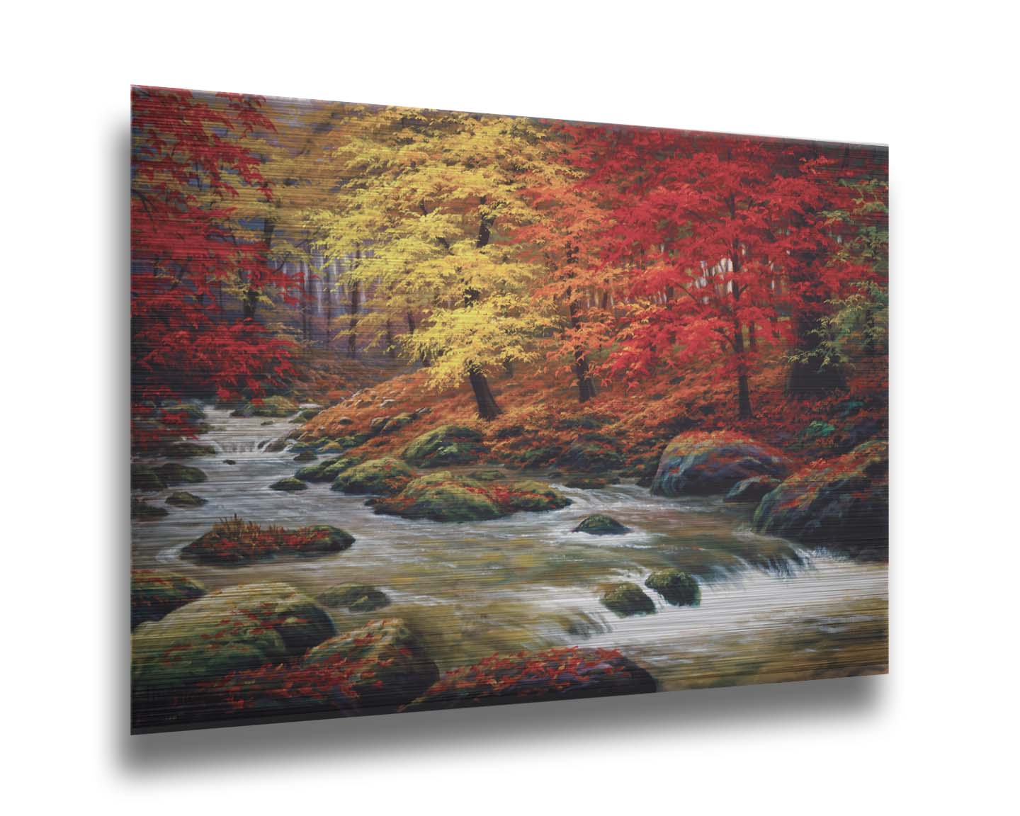 A painting of a river through an autumn forest, with red and yellow trees and an orange, leaf-coated ground. Printed on metal.