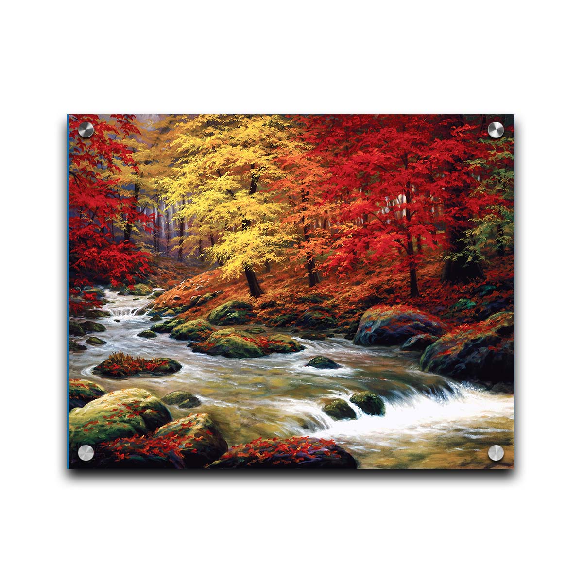 A painting of a river through an autumn forest, with red and yellow trees and an orange, leaf-coated ground. Printed on acrylic.