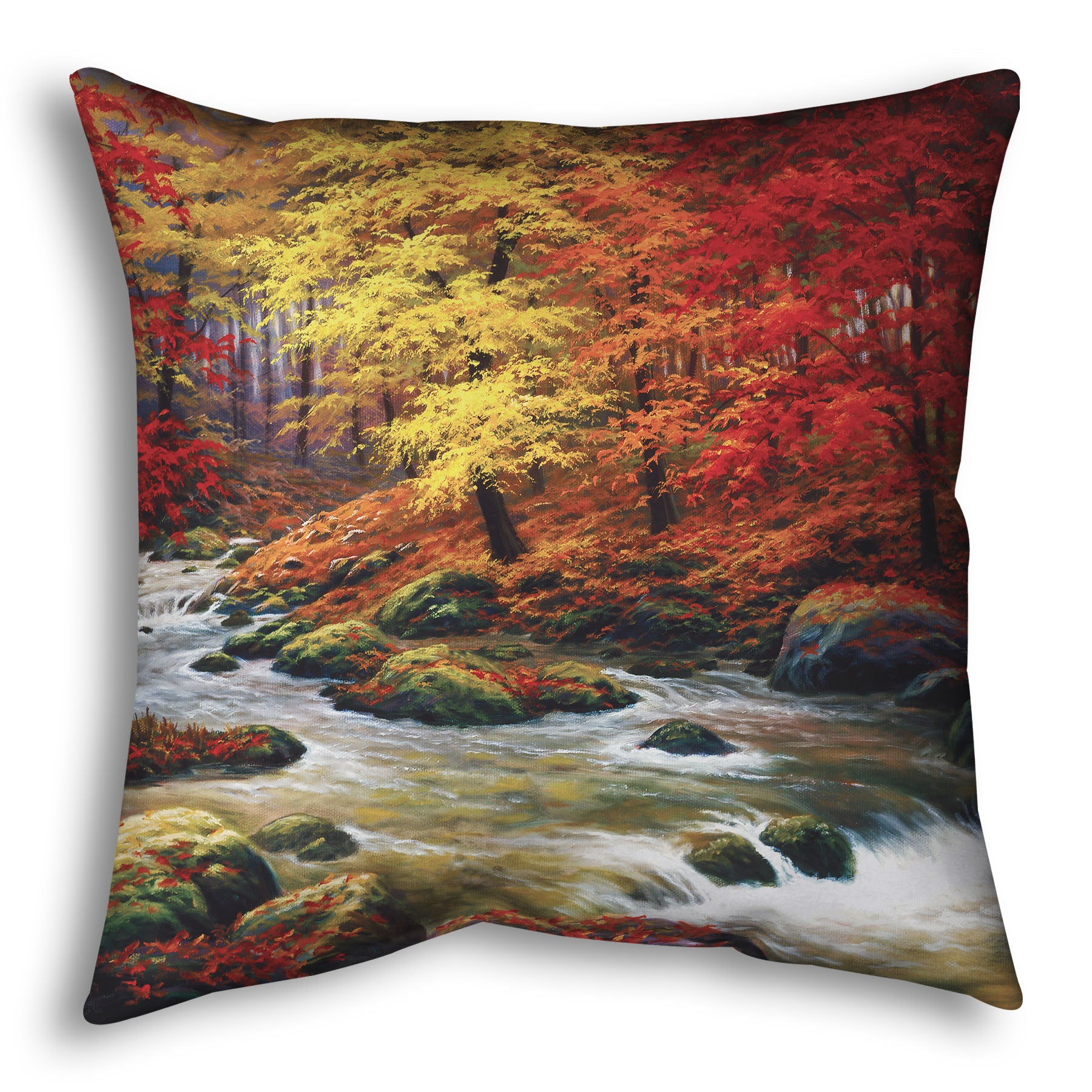 A throw pillow designed with a painting of a river through an autumn forest, with red and yellow trees and an orange, leaf-coated ground.