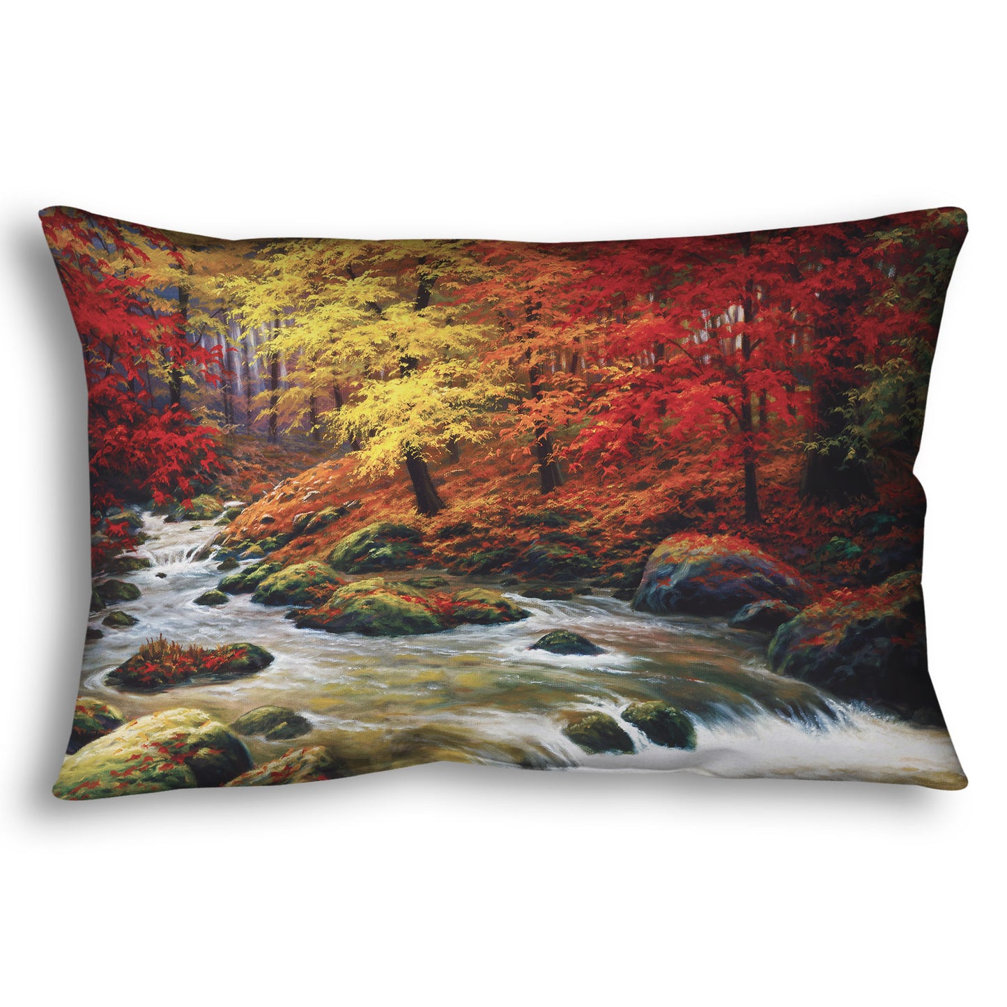 A throw pillow designed with a painting of a river through an autumn forest, with red and yellow trees and an orange, leaf-coated ground.