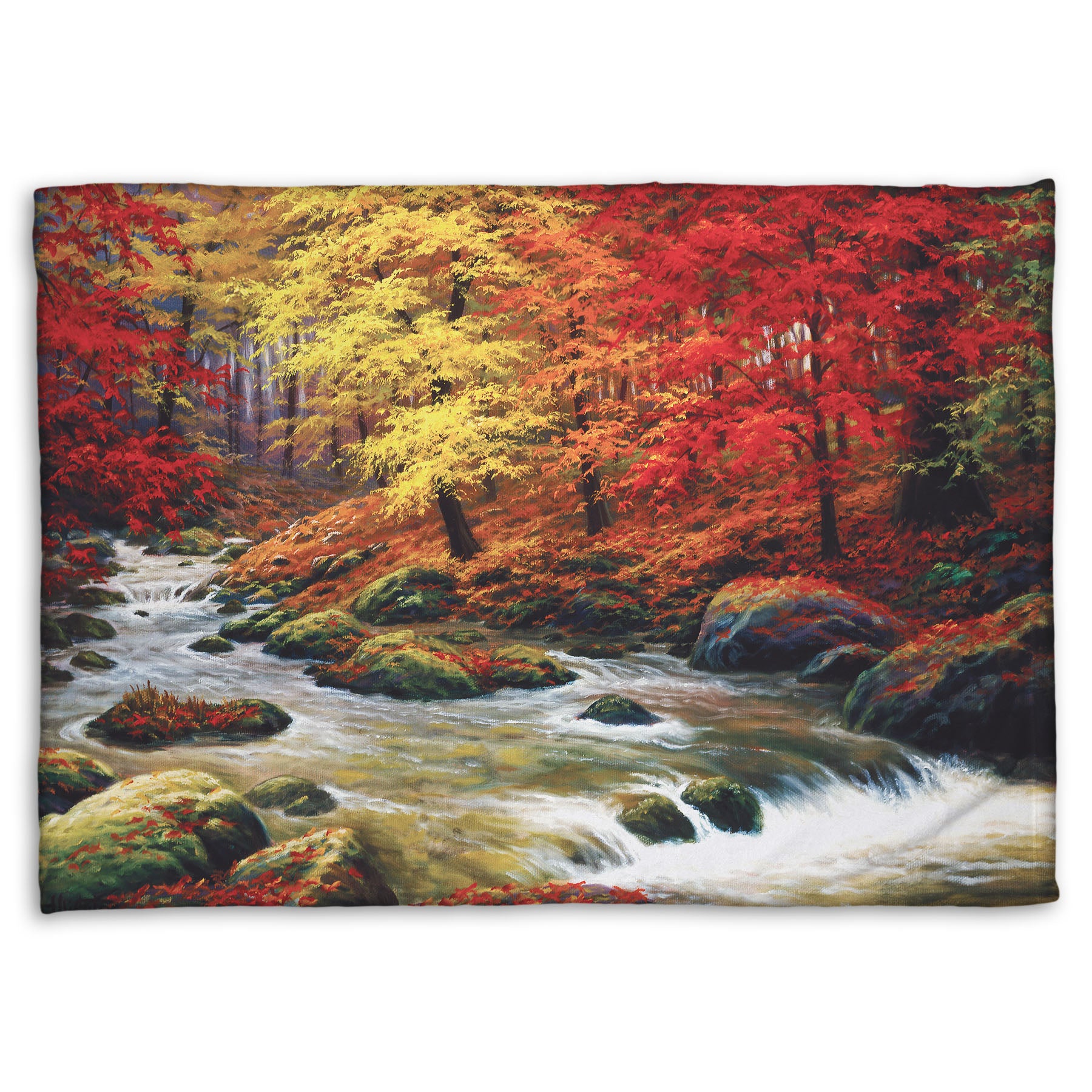 A fleece throw blanket designed with a painting of a river through an autumn forest, with red and yellow trees and an orange, leaf-coated ground.