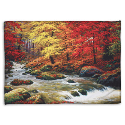A fleece throw blanket designed with a painting of a river through an autumn forest, with red and yellow trees and an orange, leaf-coated ground.