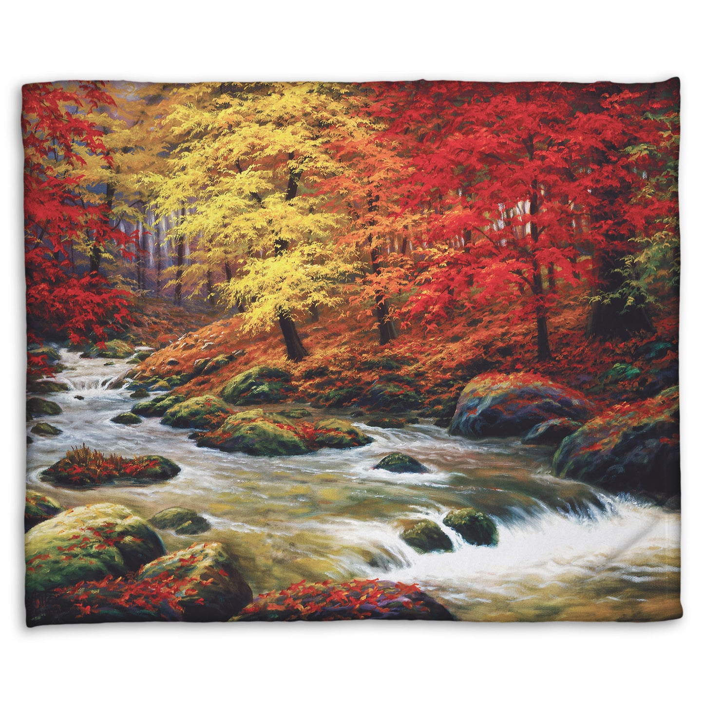 A fleece throw blanket designed with a painting of a river through an autumn forest, with red and yellow trees and an orange, leaf-coated ground.