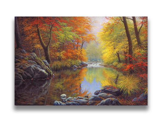 A painting of a river through a forest in autumn, surrounded by red, orange, and yellow trees reflecting on the water. Printed on canvas.