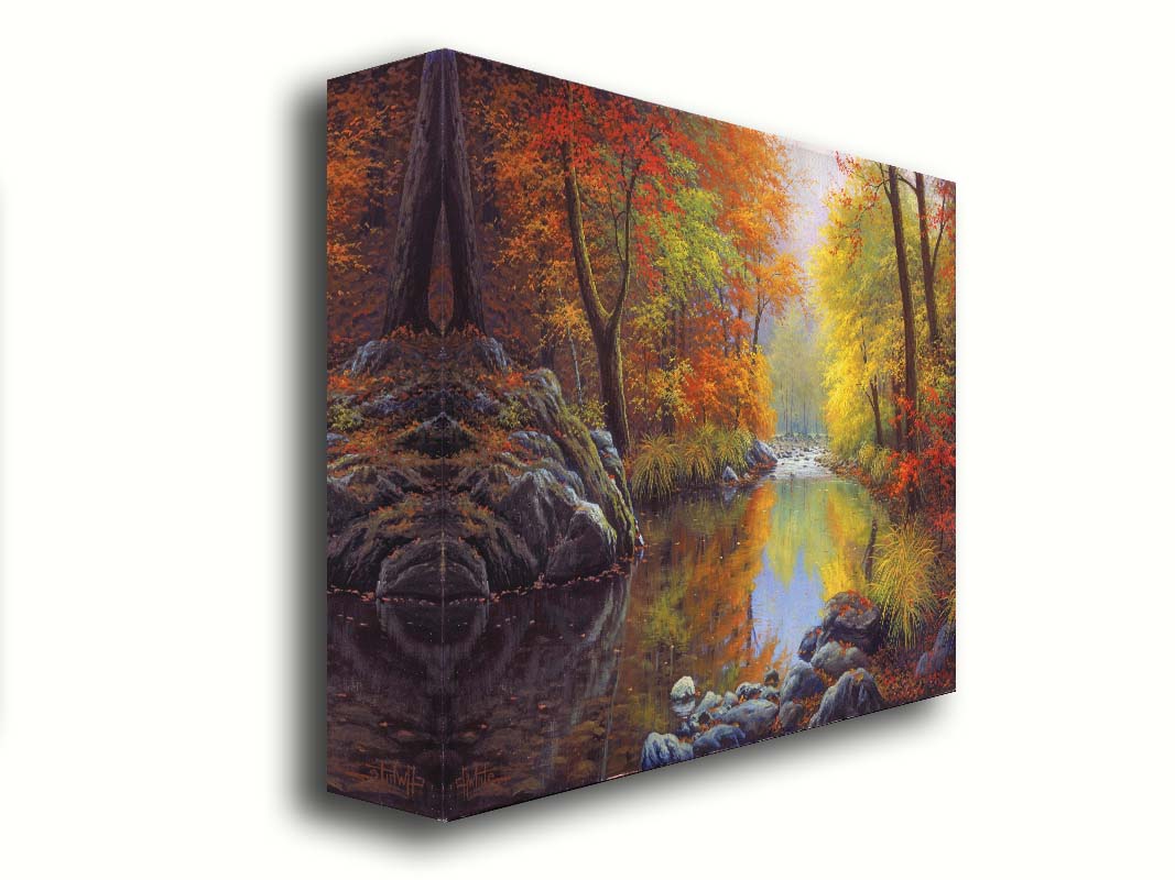 A painting of a river through a forest in autumn, surrounded by red, orange, and yellow trees reflecting on the water. Printed on canvas.