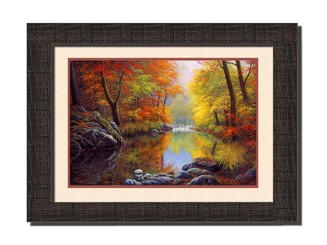 A painting of a river through a forest in autumn, surrounded by red, orange, and yellow trees reflecting on the water. Printed on paper, matted, and framed.