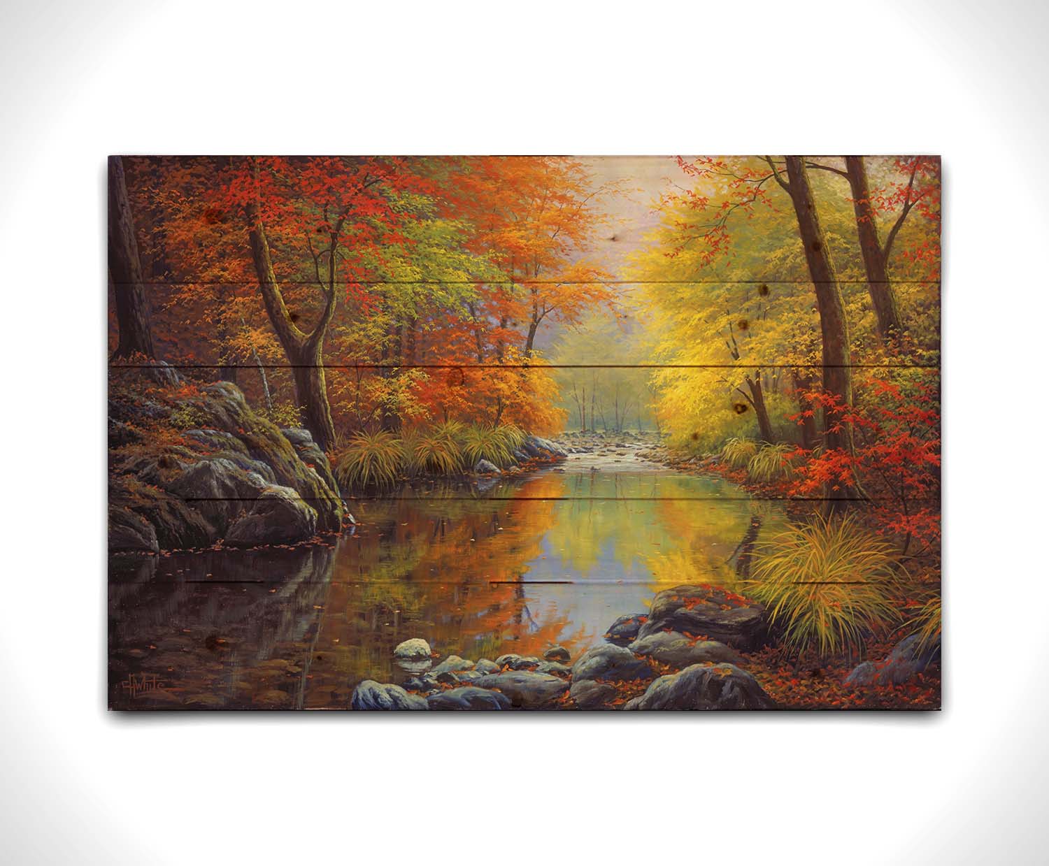 A painting of a river through a forest in autumn, surrounded by red, orange, and yellow trees reflecting on the water. Printed on a wood pallet.