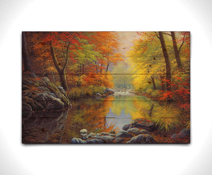 A painting of a river through a forest in autumn, surrounded by red, orange, and yellow trees reflecting on the water. Printed on a wood pallet.