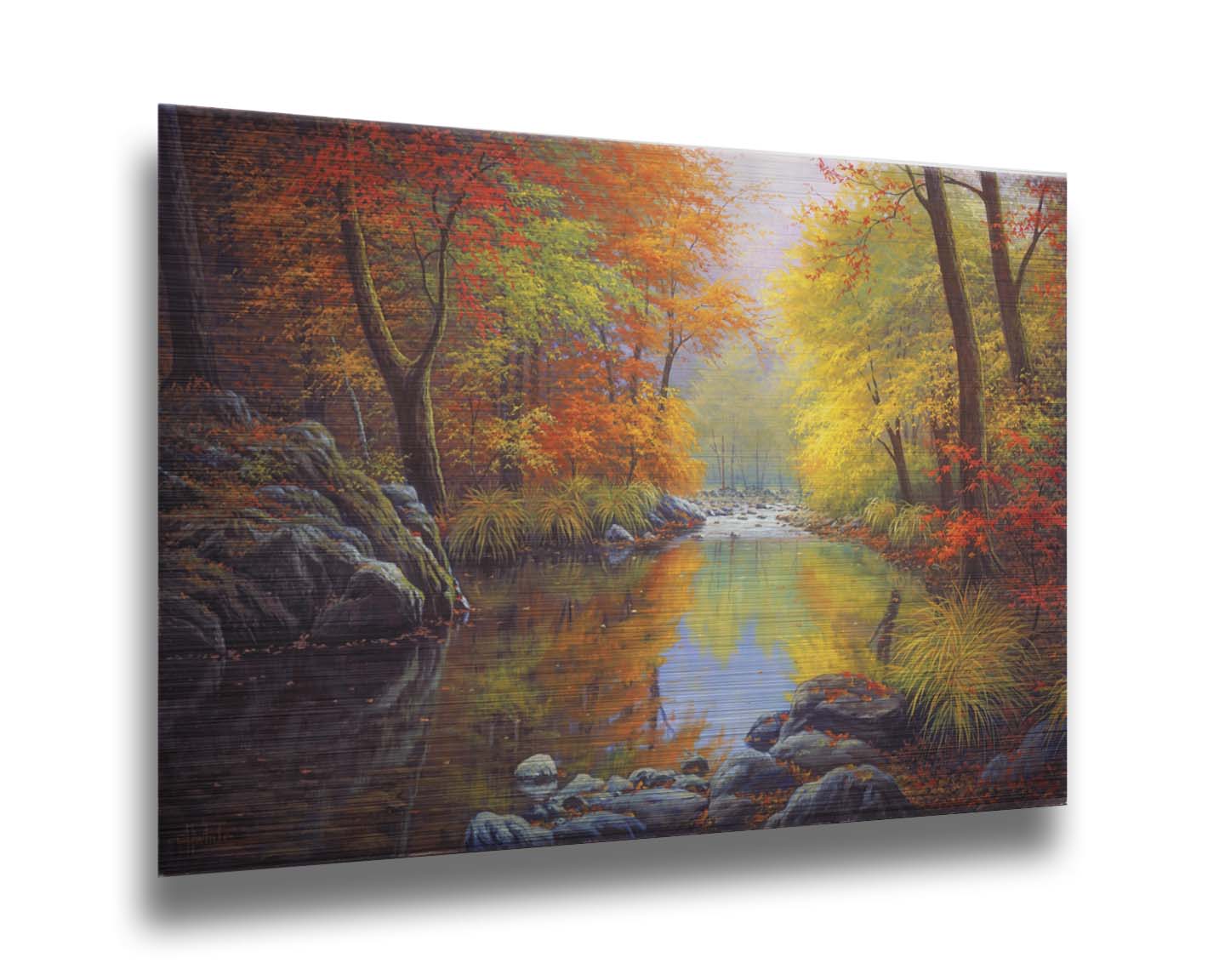 A painting of a river through a forest in autumn, surrounded by red, orange, and yellow trees reflecting on the water. Printed on metal.