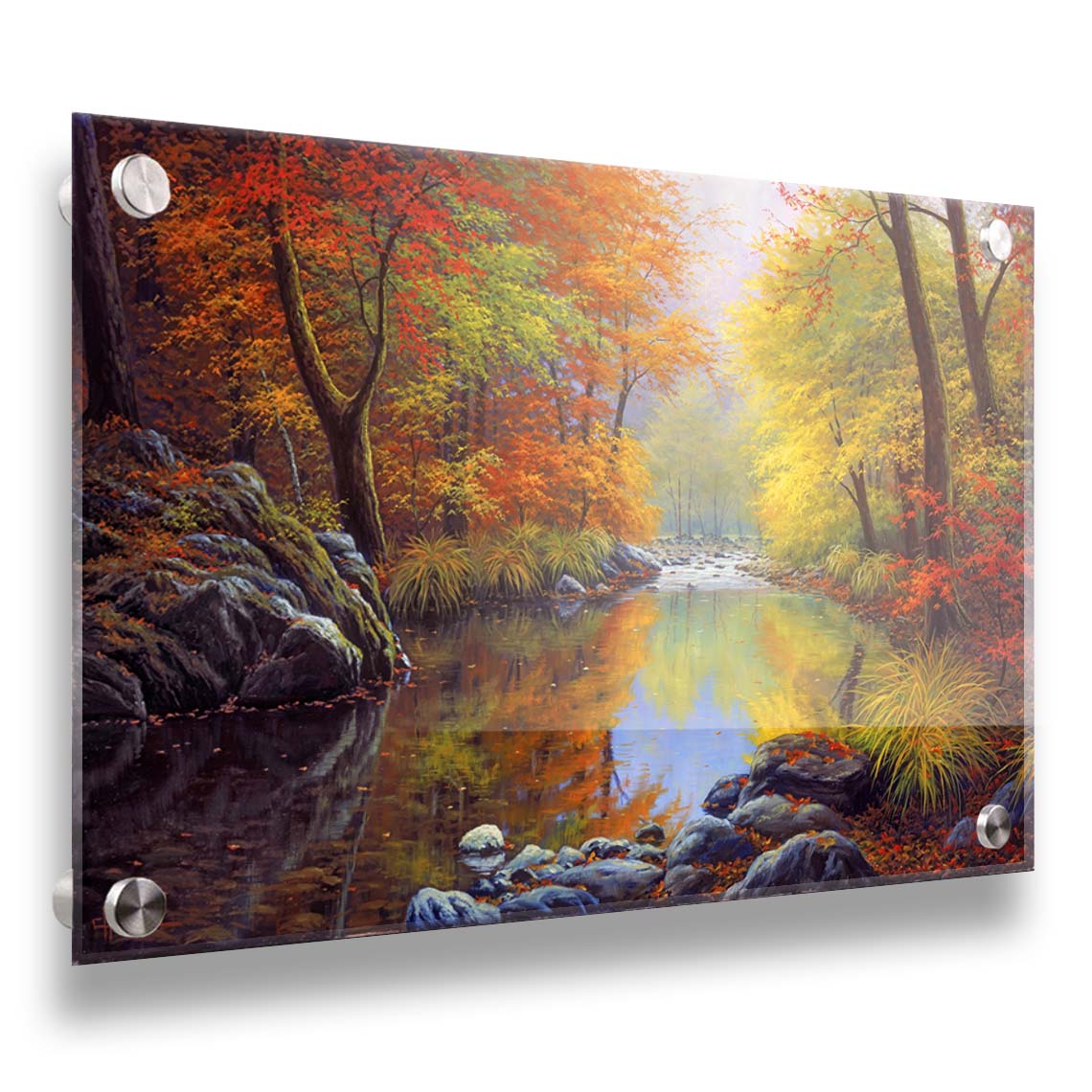 A painting of a river through a forest in autumn, surrounded by red, orange, and yellow trees reflecting on the water. Printed on acrylic.