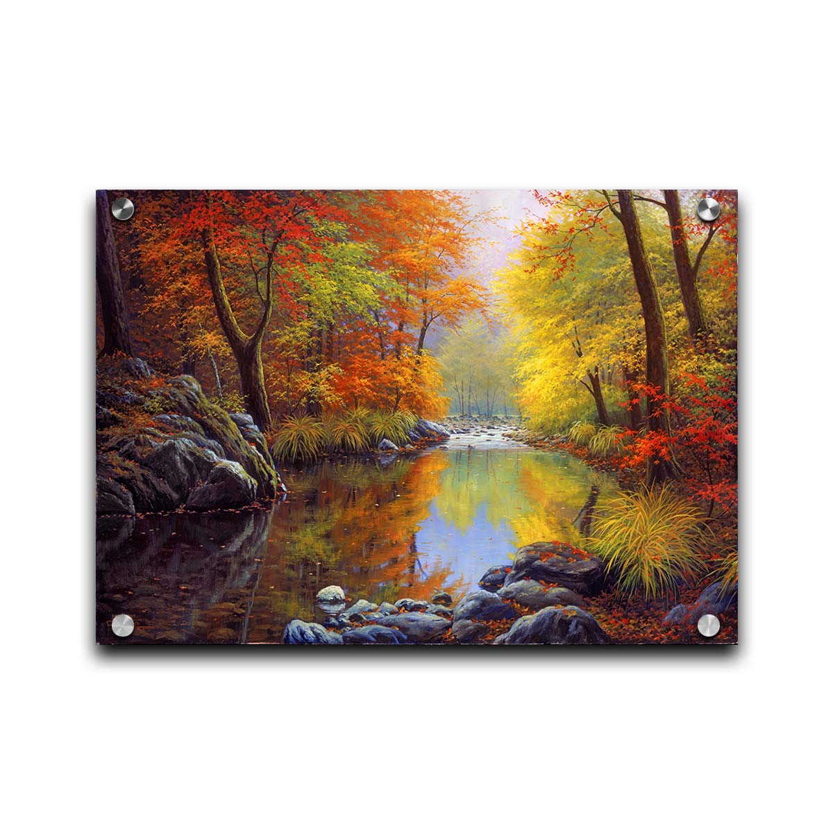 A painting of a river through a forest in autumn, surrounded by red, orange, and yellow trees reflecting on the water. Printed on acrylic.