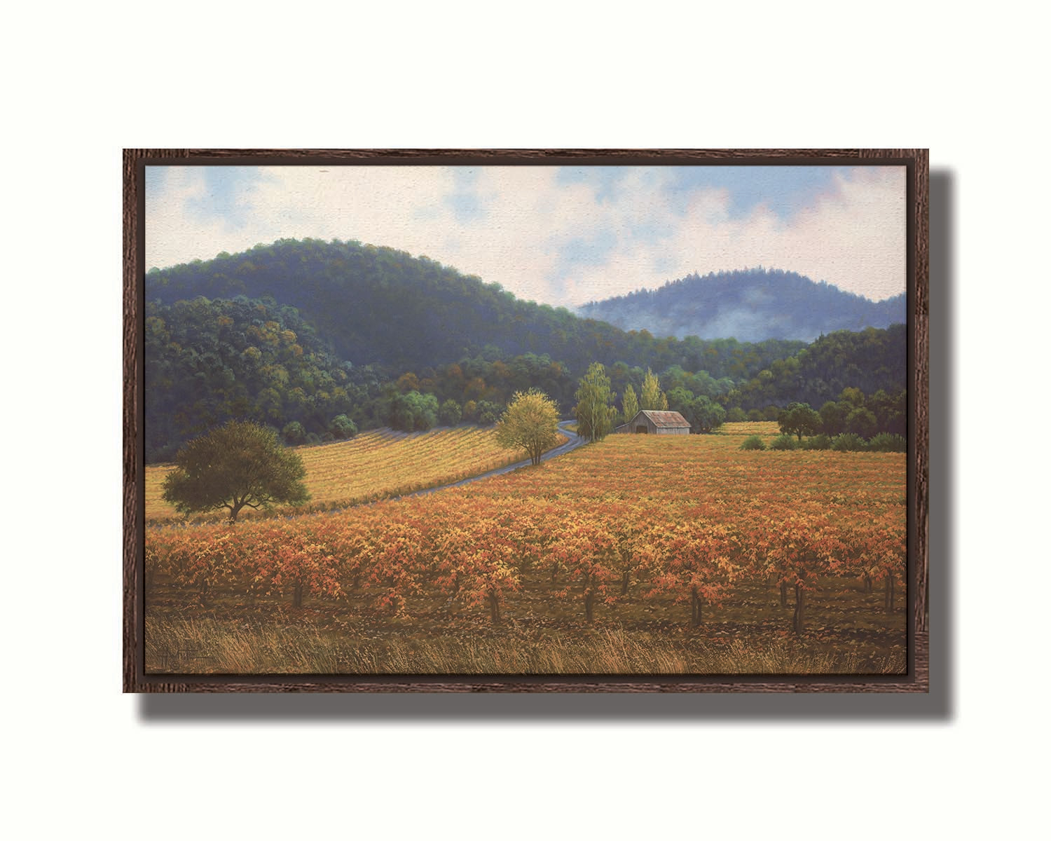 A painting of expansive vineyard fields, turned yellow, red, and orange for the fall. Rolling hills of forests fill the background. Printed on canvas in a float frame.