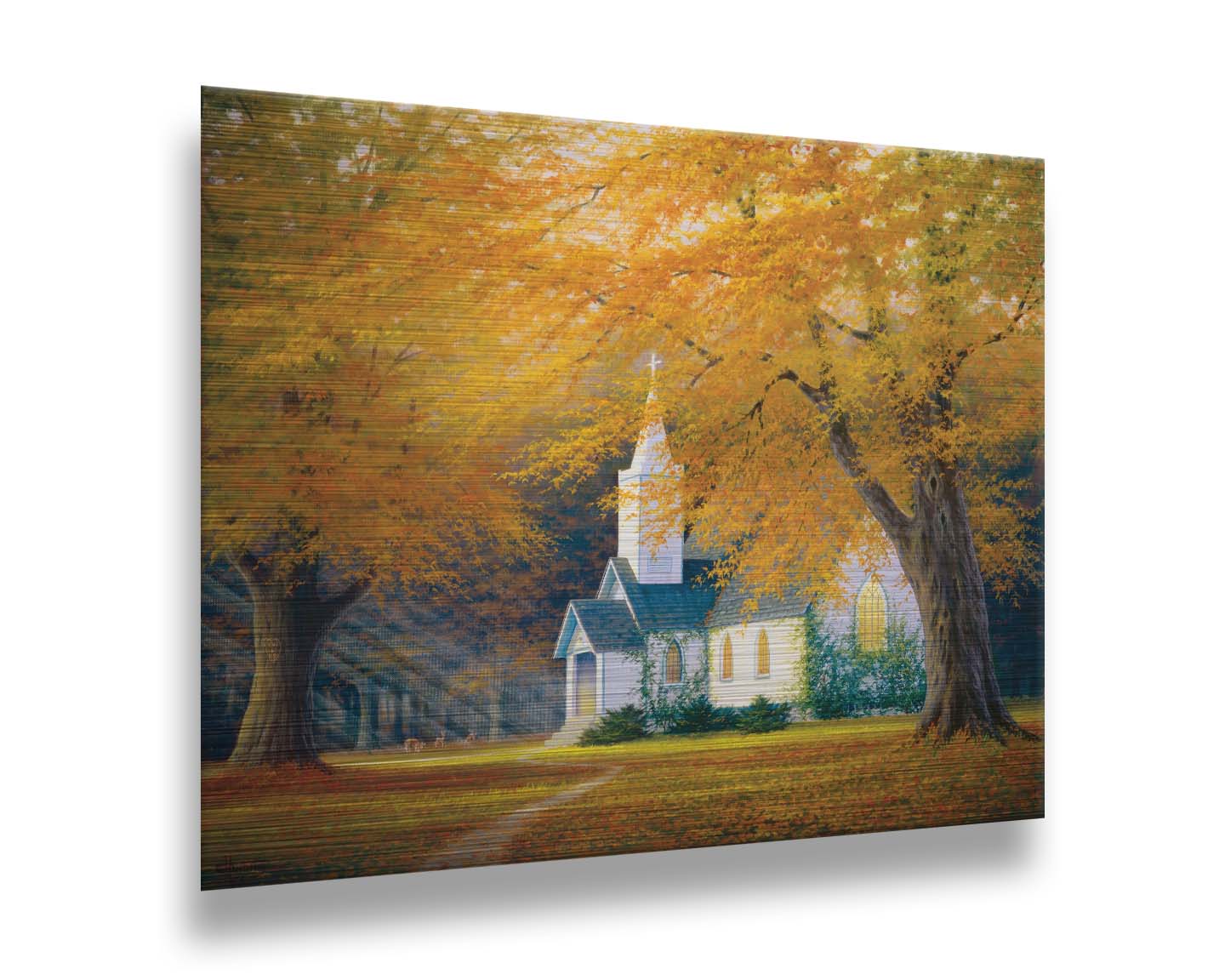 A painting of a white church in a forest of yellow and orange trees. Deer roam in the leaf-coated yard, and sun beams shine through the trees to highlight the building. Printed on metal.