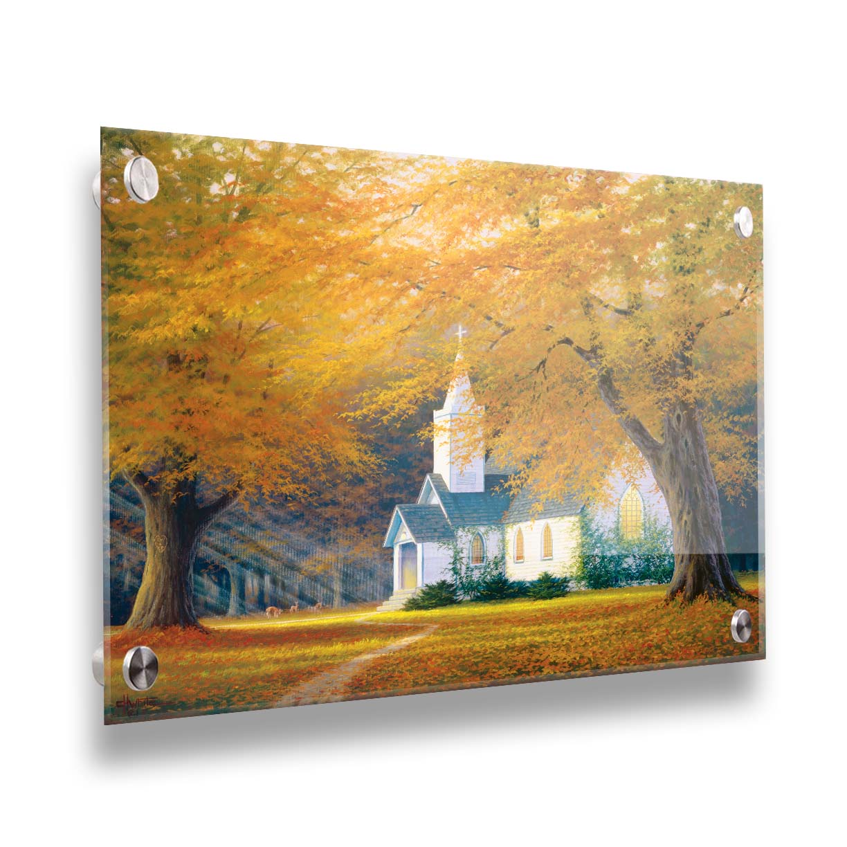 A painting of a white church in a forest of yellow and orange trees. Deer roam in the leaf-coated yard, and sun beams shine through the trees to highlight the building. Printed on acrylic.