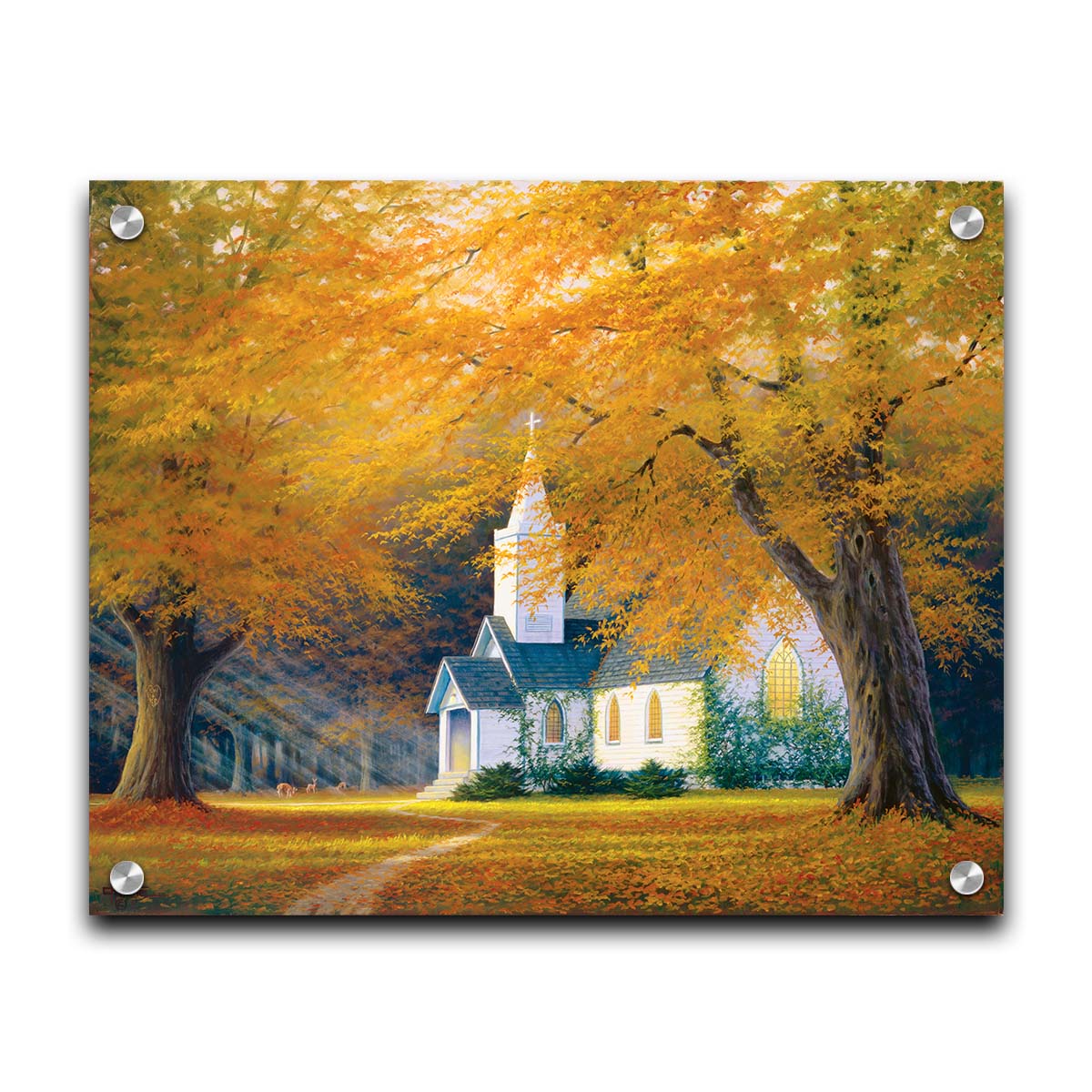 A painting of a white church in a forest of yellow and orange trees. Deer roam in the leaf-coated yard, and sun beams shine through the trees to highlight the building. Printed on acrylic.