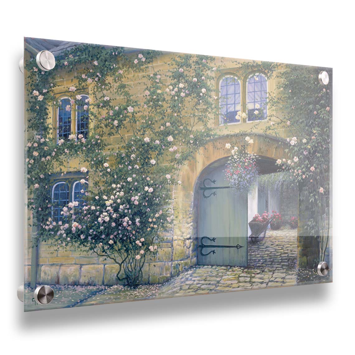 A painting of an arched doorway passing through a building into a courtyard. The building and courtyard are decorated with bushes and vines sprouting an assortment of white and red flowers. Printed on acrylic.