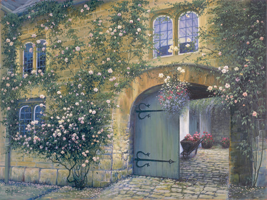 A painting of an arched doorway passing through a building into a courtyard. The building and courtyard are decorated with bushes and vines sprouting an assortment of white and red flowers.