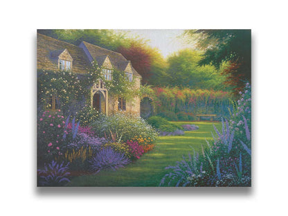 A painting of a blooming garden, with flowers in a variety of pinks, purples, yellows, and whites. A bench site in the grassy clearing beside a cottage, draped in white-flowered vines. Printed on canvas.