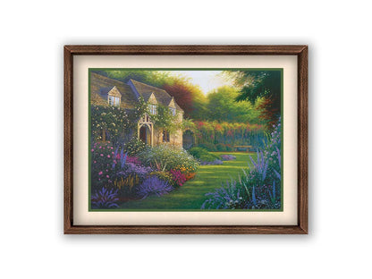 A painting of a blooming garden, with flowers in a variety of pinks, purples, yellows, and whites. A bench site in the grassy clearing beside a cottage, draped in white-flowered vines. Printed on paper, matted, and framed.