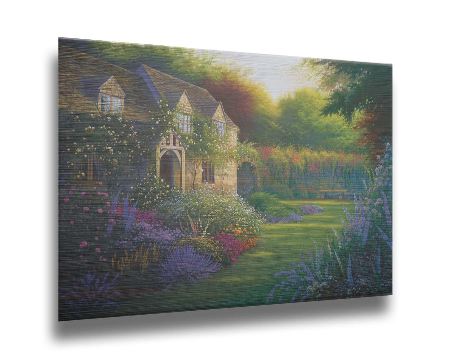 A painting of a blooming garden, with flowers in a variety of pinks, purples, yellows, and whites. A bench site in the grassy clearing beside a cottage, draped in white-flowered vines. Printed on metal.