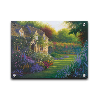 A painting of a blooming garden, with flowers in a variety of pinks, purples, yellows, and whites. A bench site in the grassy clearing beside a cottage, draped in white-flowered vines. Printed on acrylic.