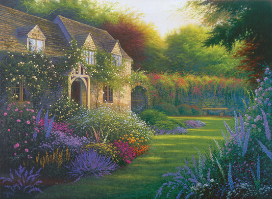 A painting of a blooming garden, with flowers in a variety of pinks, purples, yellows, and whites. A bench site in the grassy clearing beside a cottage, draped in white-flowered vines.