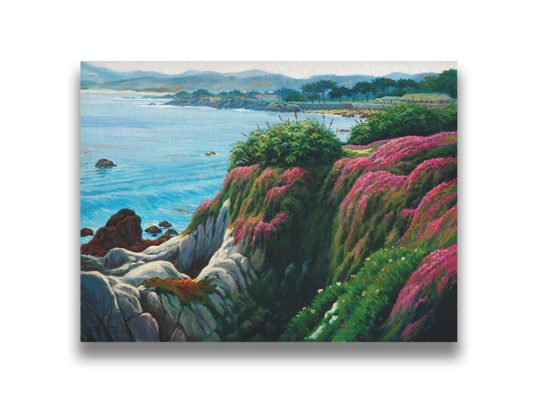 A painting of a clifftop covered in fresh green plants, sprouting pink flowers. Below, the bright blue ocean is calm. Printed on canvas.