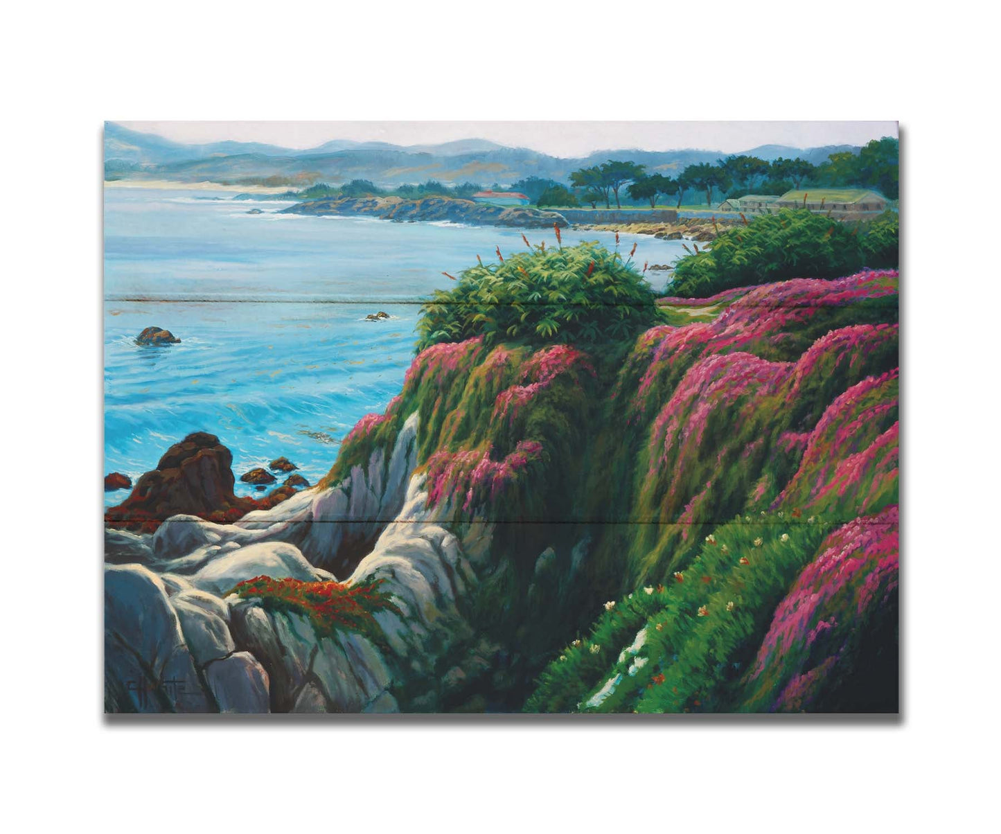 A painting of a clifftop covered in fresh green plants, sprouting pink flowers. Below, the bright blue ocean is calm. Printed on a box board.