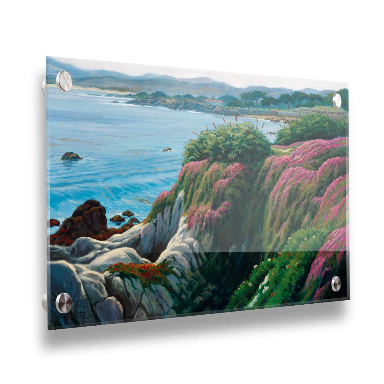 A painting of a clifftop covered in fresh green plants, sprouting pink flowers. Below, the bright blue ocean is calm. Printed on acrylic.