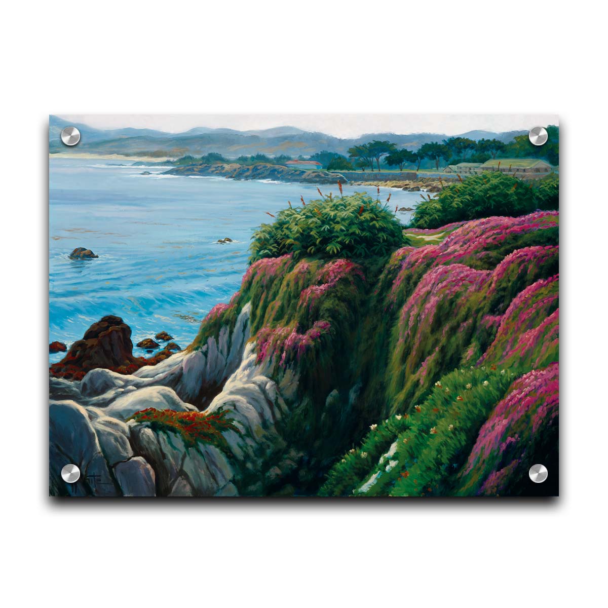 A painting of a clifftop covered in fresh green plants, sprouting pink flowers. Below, the bright blue ocean is calm. Printed on acrylic.