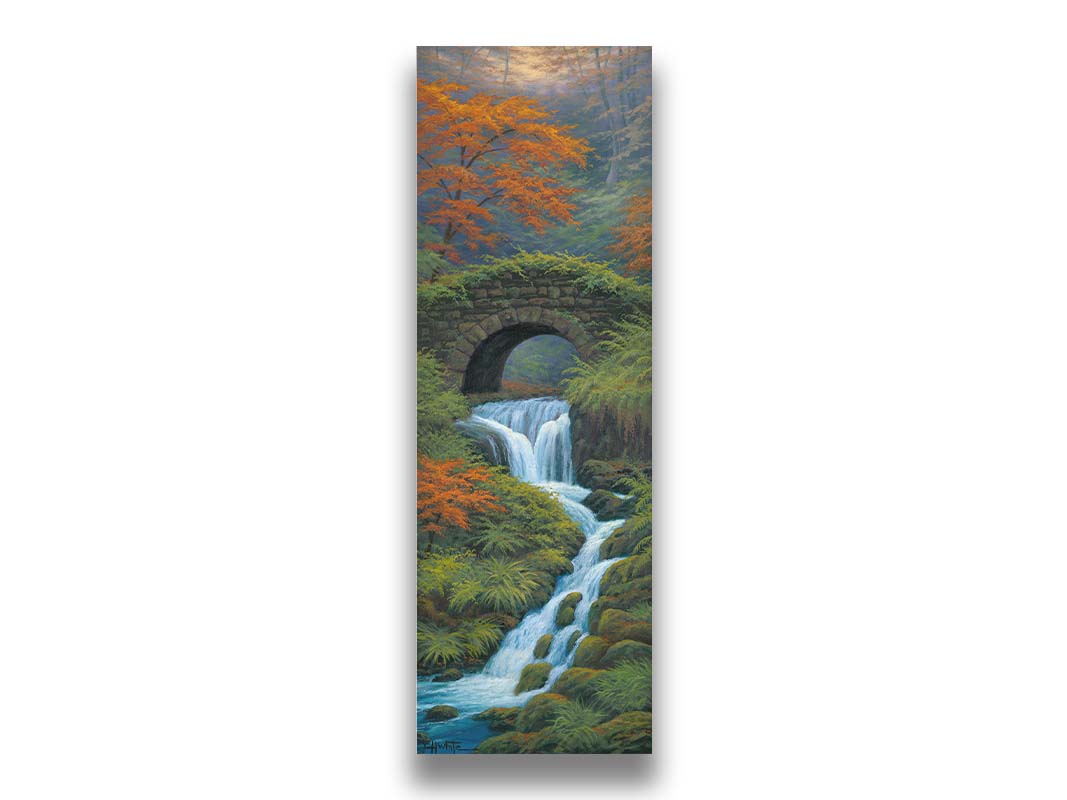 A painting of a creek waterfall, running through a forest. A stone bridge arches over the water. Printed on canvas.