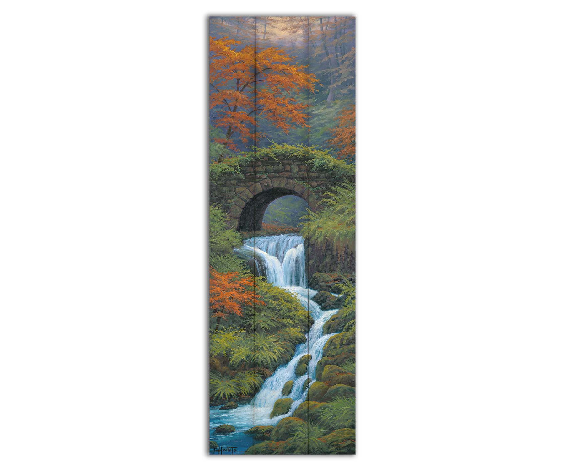 A painting of a creek waterfall, running through a forest. A stone bridge arches over the water. Printed on a box board.