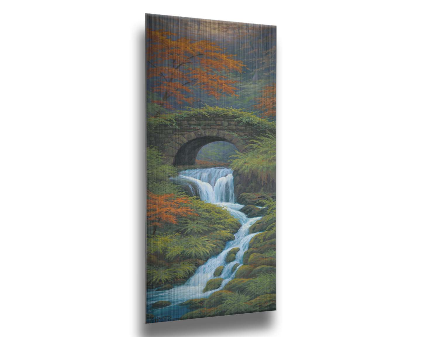 A painting of a creek waterfall, running through a forest. A stone bridge arches over the water. Printed on metal.