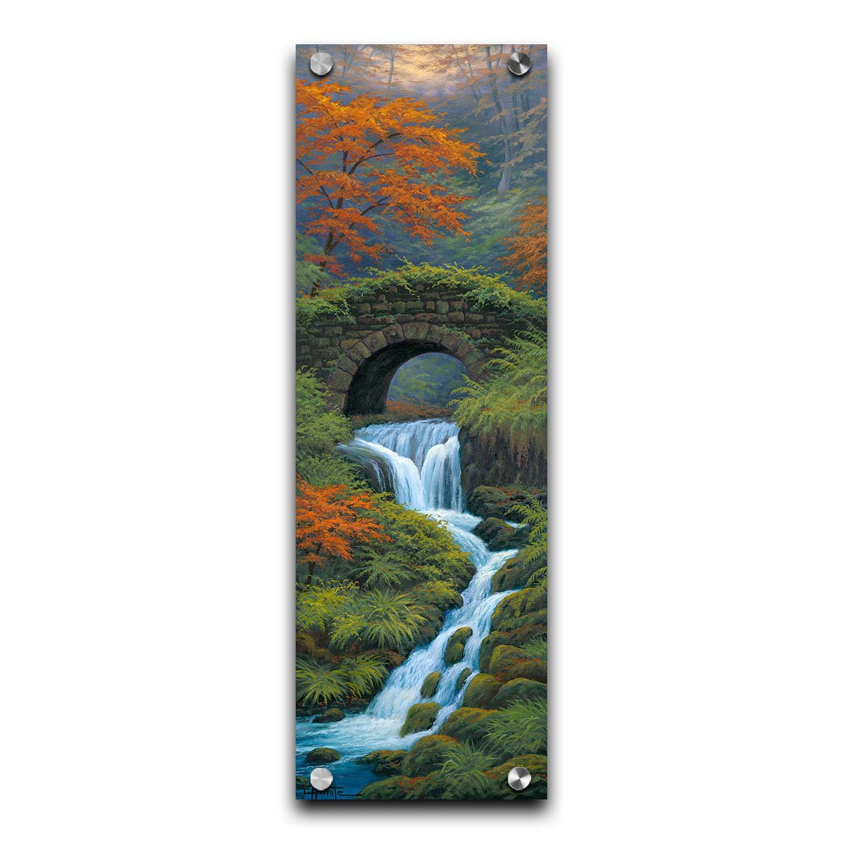 A painting of a creek waterfall, running through a forest. A stone bridge arches over the water. Printed on acrylic.